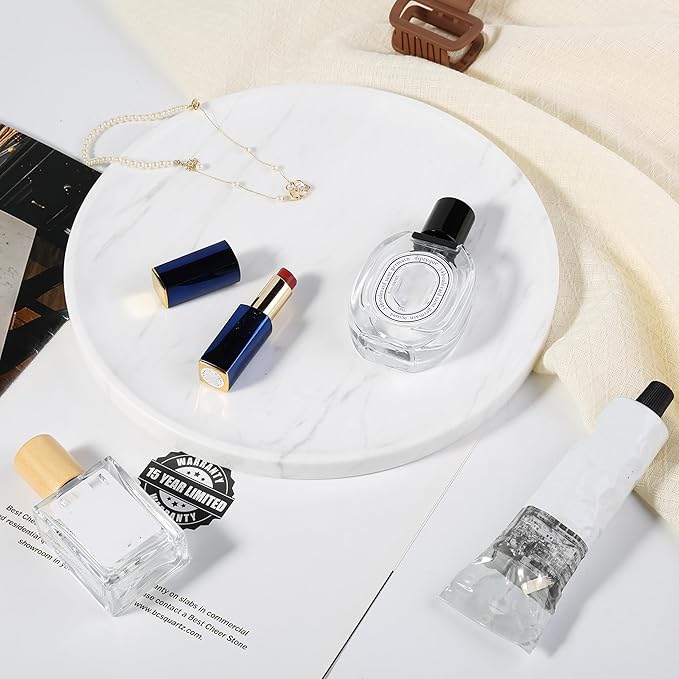 Natural Round Marble Tray - Luxury Decorative Serving Tray for Coffee Table, Bathroom Vanity, Dresser & Kitchen Countertop - Stone Organizer for Jewelry, Perfume, Candle, Home Decor(Volakas)