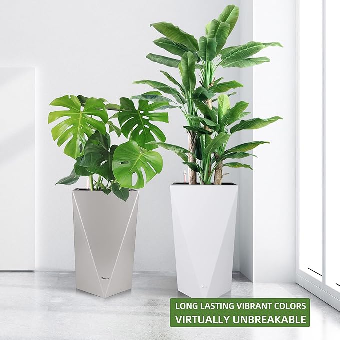 Dexceder 24 Inches Tall Self Watering Planter Diamond High Gloss Indoor Outdoor, Thickened Rhombus Large Floor Standing Flower Plant Pot with Water Level Indicator (White)