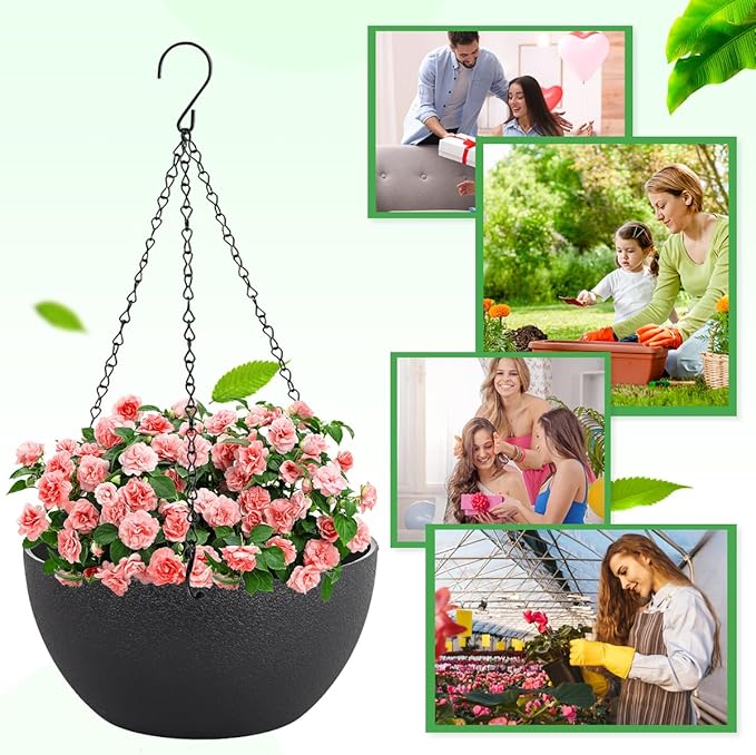13 inch Hanging Planters for Indoor Plants, 2 Pack Planters for Outdoor Plants with Drainage Holes and Chain, Round Plastic Hanging Baskets, Hanging Flower Pots for Balcony Garden Decor-Black
