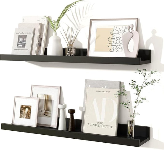 Fun Memories Picture Ledge Shelves Set of 2, 24 Inch Rustic Wall Mounted Floating Shelves with Lip for Home Storage and Décor in Bathroom, Kitchen, Nursery, Bedroom, Living Room, Black