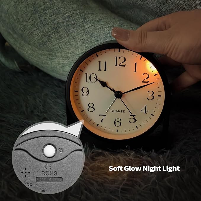 Small Desk Analog Alarm Clock Battery Powered Mini Metal Nightstand Shelf Clock with Light Side Table Decor Mid Century Cute Alarm Clock for Heavy Sleepers Bedrooms Desktop Living Room Bathroom