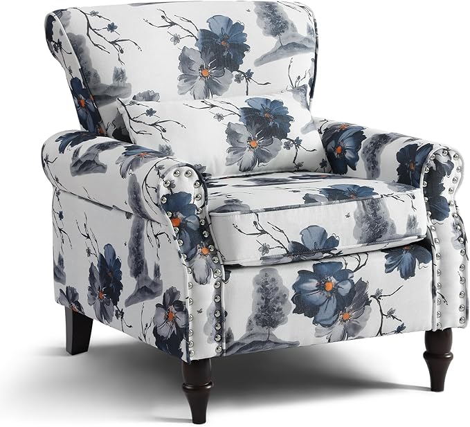 Wingback Accent Chair with Removable Pillow, High Back Floral Armchair with Solid Wood Legs & Nailhead Trim, Comfy Upholstered Reading Single Sofa Chair for Bedroom (1, Ink Blue Pattern)