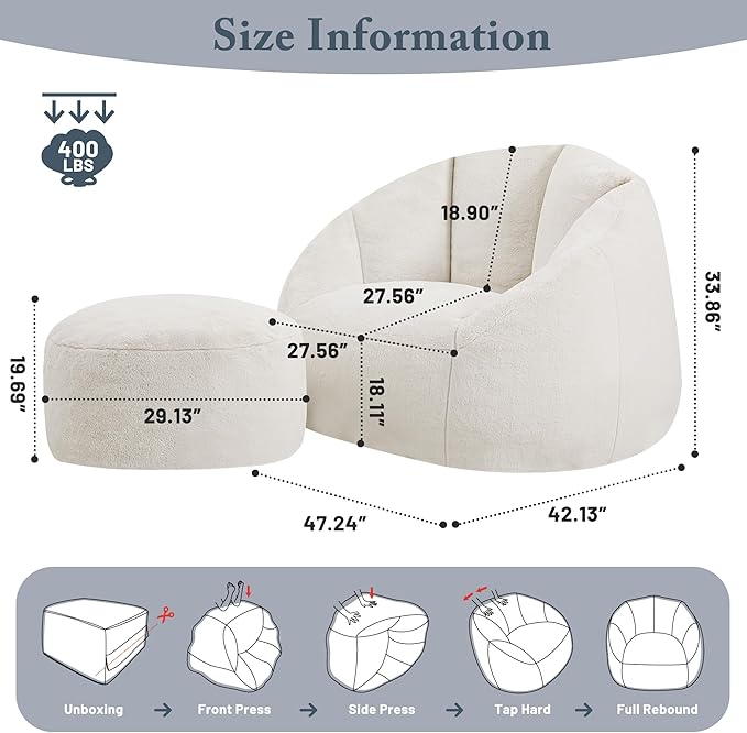 Giant Bean Bag Chaise Lounge Indoor Chair for Adults - Comfy Plush Round Shell Soft Accent Chair, Oversized Cozy Floor Sofa for Living Room, Bedroom & Game Rooms, Beige