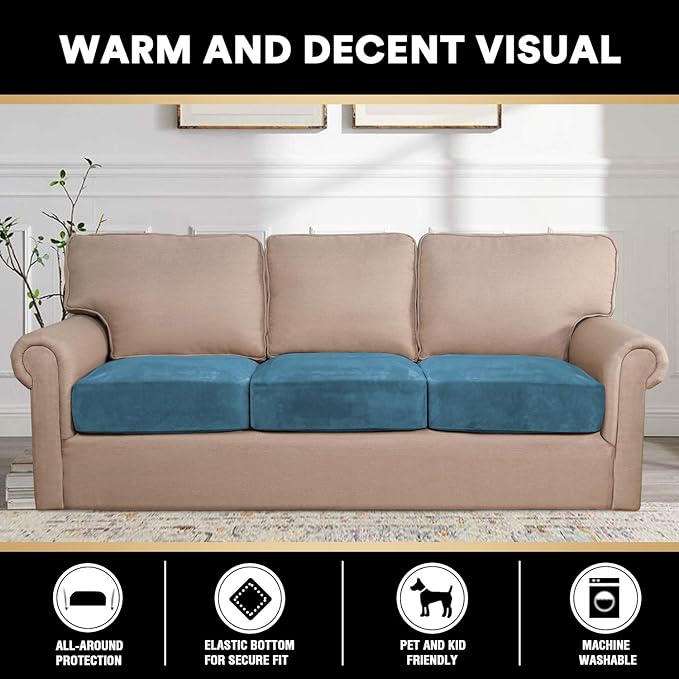 PrinceDeco Couch Cushion Covers, Stretch Washable Sofa Cushion Cover, Fitted Sofa Slipcover Velvet Fabric Non-Slip Furniture Protector for Dog,Pets, Kid (Each Width Up to 29.5", Blue)