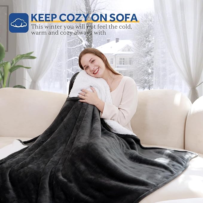 Sealy Electric Blanket Throw Size 50"*60",Super Cozy Flannel to Sherpa Reversible Heated Blanket Throw with 6 Heating Levels & 2-10 Hours Auto Off Overheating Protection Machine Washable,Charcoal