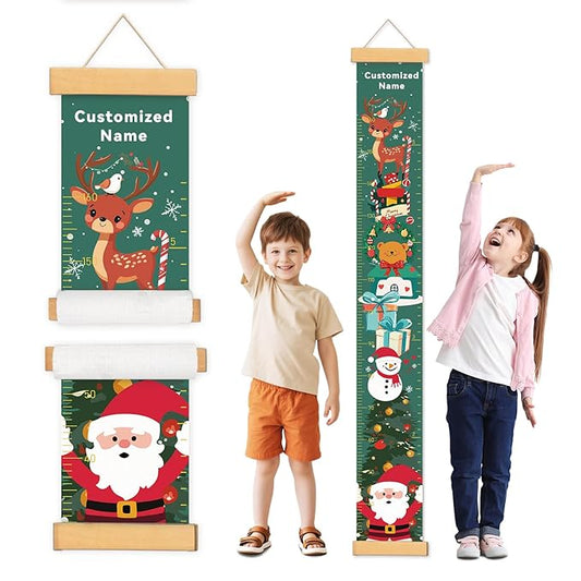 Personalized Name Growth Chart Wall Decor for Kids – Canvas Removable Height Chart Measuring Ruler 59" x 7.9" (Christmas Deer)