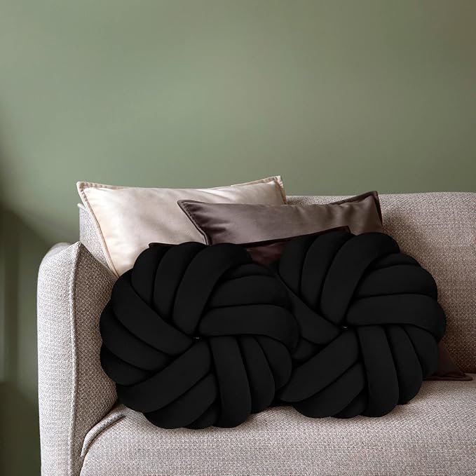 Fumete 2 Pcs 14 Inches Knot Pillow Round Throw Soft Plush Knot Ball Pillow Handmade Knotted Modern Home Decorative Cushion for Bed Bedroom, Sofa, Couch (Black)