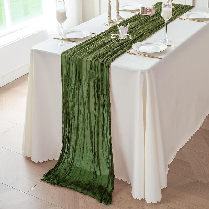 Sioloc 5 Pack Moss Green Cheesecloth Table Runner Fall Autumn Decor for Home 10ft Table Cloth for Tea Wedding Birthday Party Baby Bridal Shower Halloween Thanksgiving