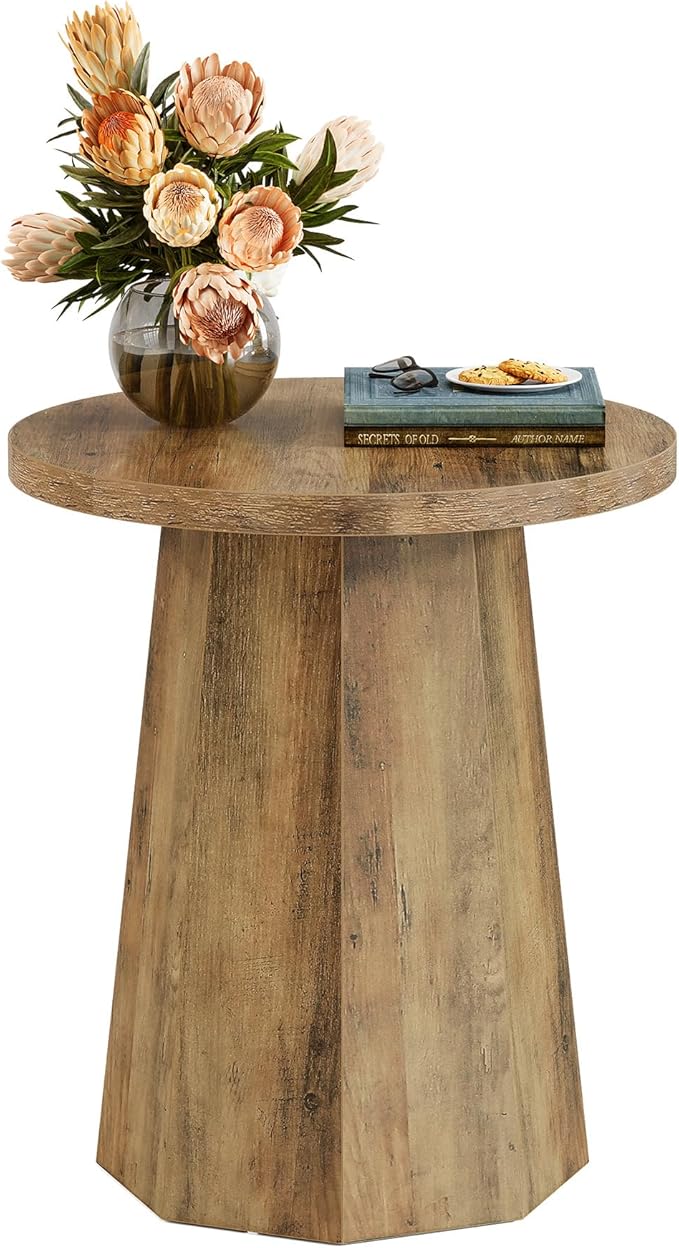 Tribesigns Round Pedestal End Table, Farmhouse Couch Side Table with Octagonal Base, Nightstand Accent Wooden Drink Stand (1, Rustic Brown)