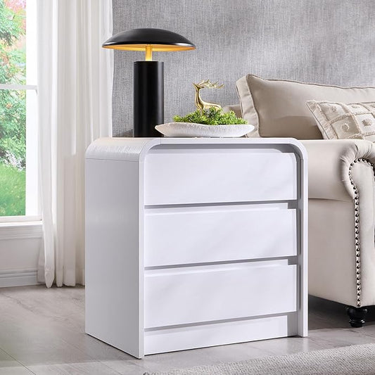 25" Tall Modern Nightstand with Charging Station, 23.6'' Wide Wood Bedside Table w/3 Storage Drawers, Small Dresser w/Curved Profile Design, End Table for Bedroom, White