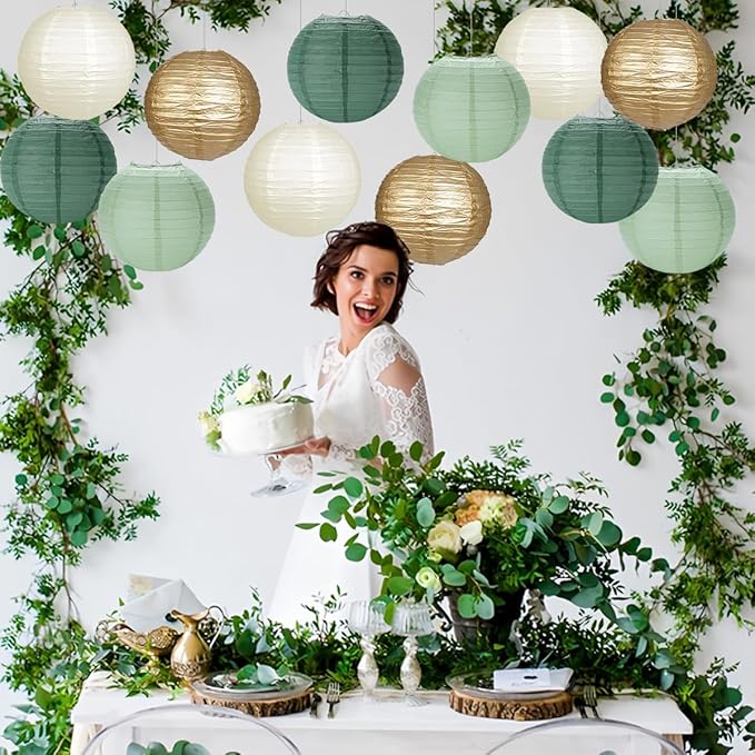Paper Lanterns Sage Green Gold Round Hanging Chinese Lanterns for Birthday Party Baby Shower Bridal Shower Decorations Pack of 12