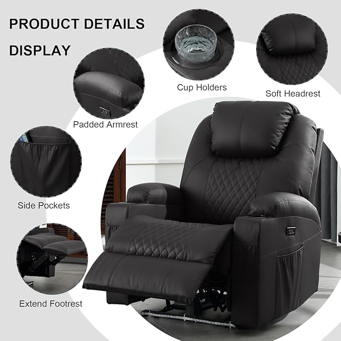 Power Recliner Chair with Heat and Massage, PU Leather Home Theater Seating with LED Lights/Cup Holders/Side Pocket/USB Port, Reclining Sofa Chair for Living Room (3, Black)