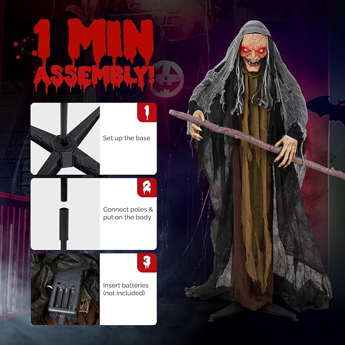 AW Animated Halloween Decorations,Scary Witch with Crutch,5.3FT Life Size Standing Clown,Motion/Sound Activated LED Eyes Creepy Sound,Haunted House Props Party Outdoor Indoor Lawn Yard Patio 2025