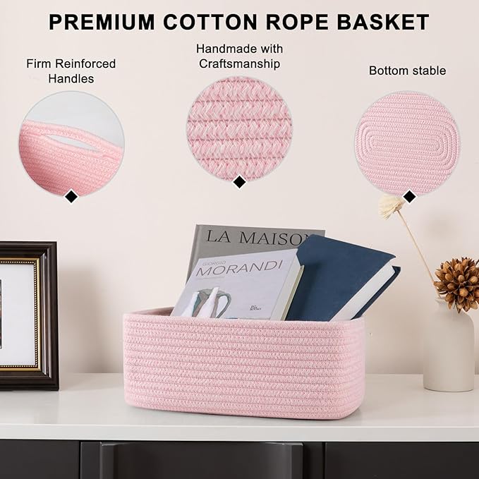 4 Pack Small Storage Shelf Baskets for Organizing, Mini Woven Rope Storage Bins for Towels, Cute Decorative Closet Organizer,Baby Nursery, Gift Empty Baskets -11.81''Lx7.87''Wx4.72''H-Pink