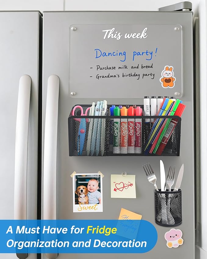 VICNOVA Magnetic Pencil Holder - Metal Pen Holder with Strong Magnets - Storage Basket Organizer for Whiteboard, Refrigerator, Locker Accessories