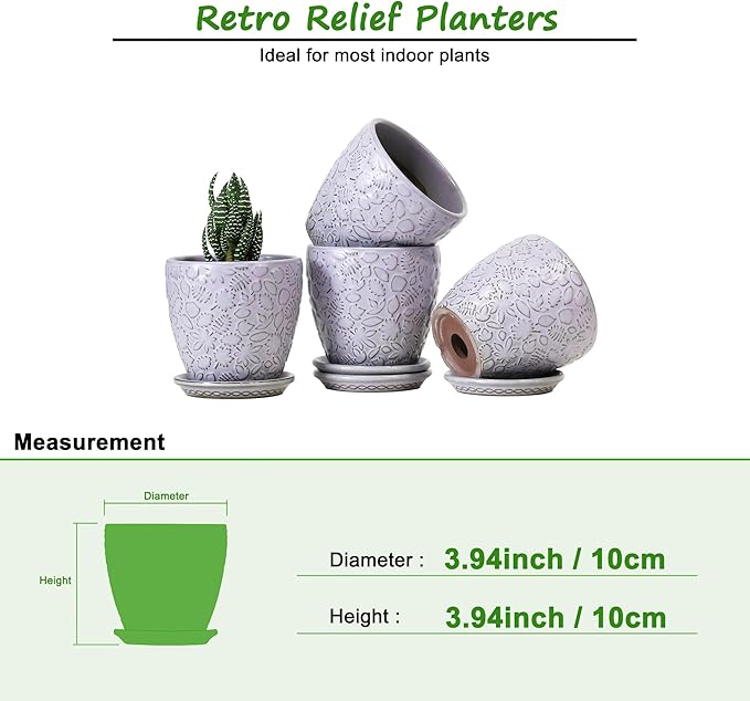 4 Inch Retro Ceramic Planter Set of 4 with Drainage Hole and Saucer for Plants, Indoor-Outdoor Small Garden Pots for Succulent, Herb and Flower (Fits Inner Pots Up to 3 Inch, Retro Purple)