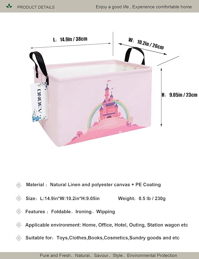 Rectangular Folding Laundry Basket,waterproof Canvas Basket,gift basket,Suitable for children's room,Office,Clothes,Toys Storage(Pink Castle)