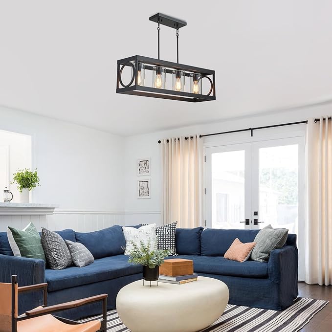XINGQI Black Kitchen Island Light Fixtures Over Table, 31.5" Rectangular Linear Chandeliers Farmhouse Dining Room Pendant Ceiling 4-Light with Glass Lampshade for Living Room Bar Office
