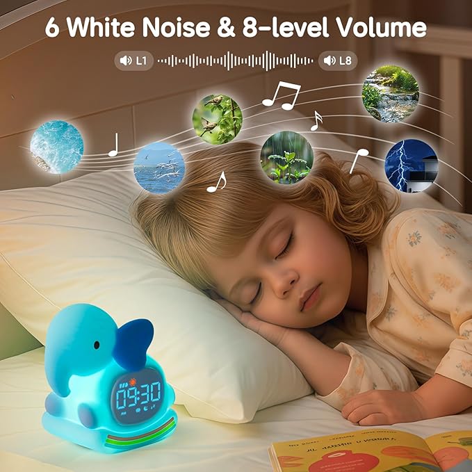 Alarm Clock for Kids with Night Light, Sleep Training Clock Time to Wake Clock, Rechargeable Silicone Light for Bedroom, Perfect Sleep Companion for Boys Girls,Blue Elephant