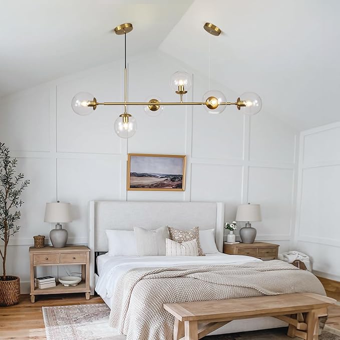 KCO Lighting 6 Light Bubble Chandelier Lighting Clear Glass Globe Chandelier Brass Gold Linear Pendant Light Mid Century Modern Pendant Light for Living Room Kitchen Island Dining Room