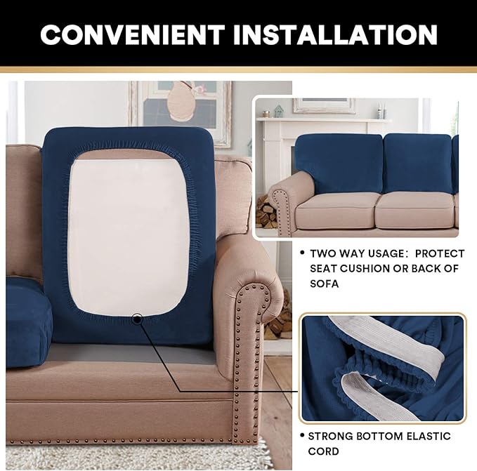 PrinceDeco Stretch Velvet Couch Cushion Cover,Soft Fitted Cushion Slipcover for Arm Chair Sofa Cushion Furniture Protector Seat Cushion Sofa Cover Width Up to 29.5", Navy