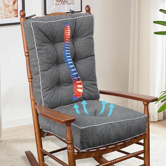 YZ HOME Rocking Chair Cushion, Set of Thicken Seat & Back Chair Cushions with Memory Foam, Non-Slip Chair Pad with Ties for for Indoor&Outdoor Rocker, Light Grey, 22x17x5/17x17x5