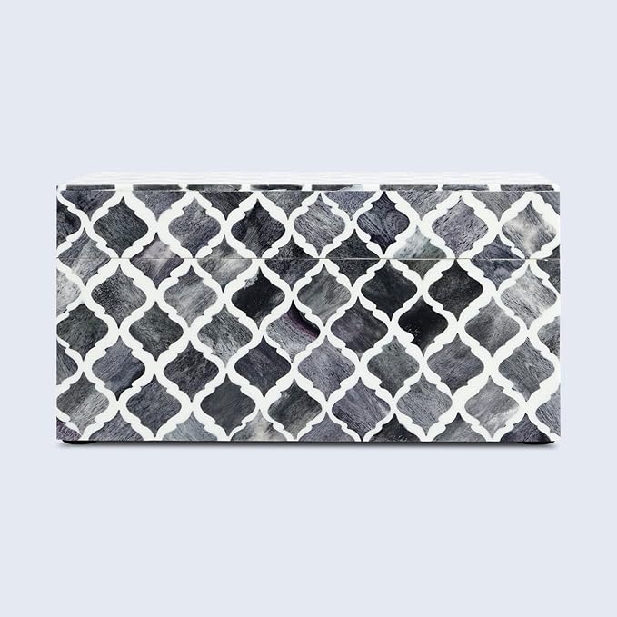 Handicrafts Home Handmade Moroccan Pattern Inspired Decorative Box - Large Storage Organizer for Neck Chains, Watches, Memory Keepsakes - Boho Style Treasure Box, Multipurpose Gift - Grey, 10x5x5