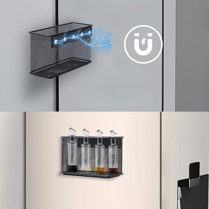 Wire Mesh Storage Baskets Organizer Black Magnetic Basket with 5 Strong Magnets, Magnetic Organizer Holder for Refrigerator Locker Whiteboard Office,Home 6.29'' × 2.28'' × 3.54'',4 Pack