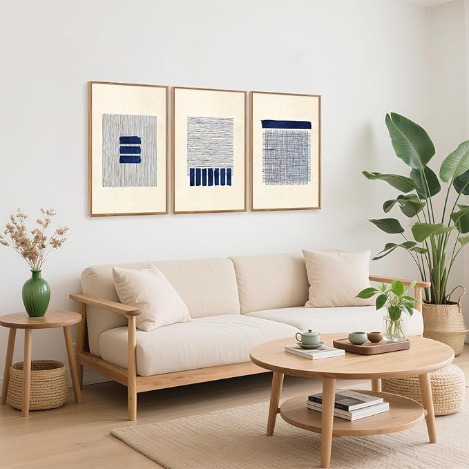 Aurlan Boho Christian Line Art Framed Wall Decor(16"x24"), 3PCS Minimalist Jesus Leavs the 99 Sheep Lamb Bible Story Canvas Artwork, Neutral Abstract Beige Navy Blue Religious Painting for Bedroom Living Room