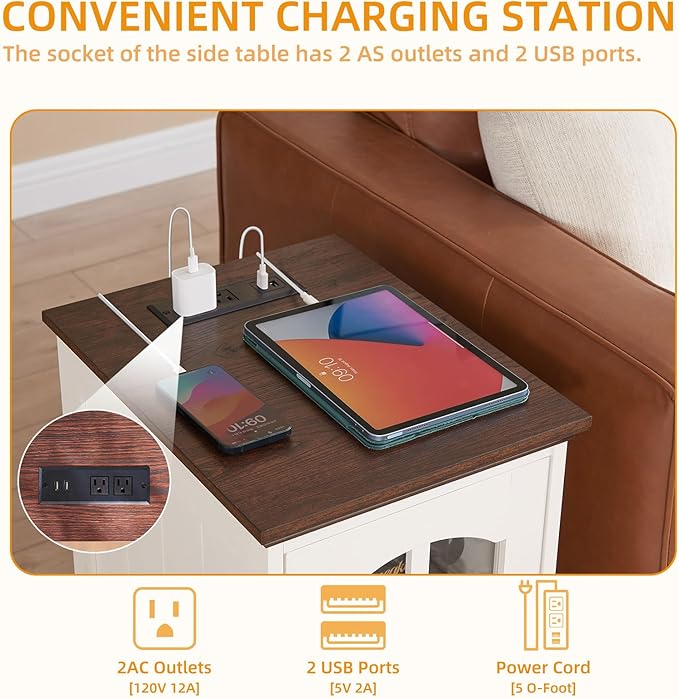 Narrow Side Table Set of 2,White Nightstand with Charging Station,End Table with Glass Barn Door Storage, Cabinet Organizer with Adjustable Shelf, Night Stand for Small Spaces Living Room Bedroom