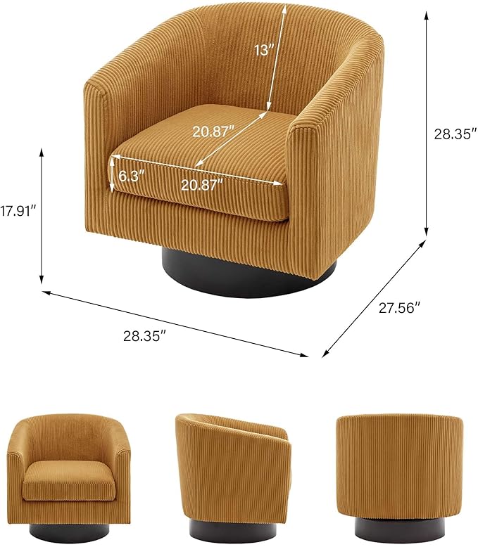 Swivel Barrel Accent Chair, Modern Round Corduroy Fabric Arm Chair for Living Room, Bedroom, Comfy Club Reading Chairs for Adults, Corduroy Orange, Set of 2