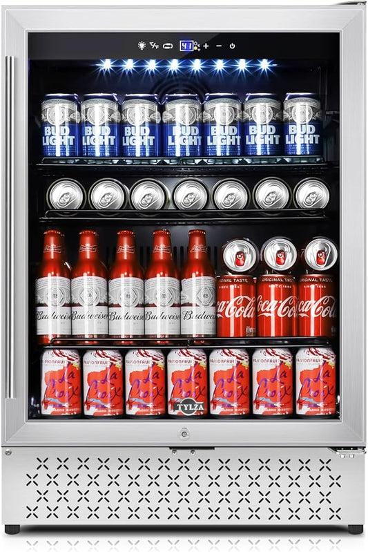 Tylza 24 Inch Beverage Refrigerator, 190 Can Capacity, Glass Door, Advanced Cooling Tech, Ideal for Beer, Soda, or Wine, Quiet Operation