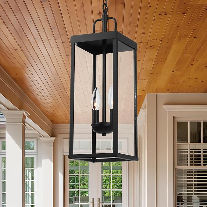Large Outdoor Pendant Lantern Light Fixture for Front Porch, 20 Inch 2-Light Black Exterior Hanging Chandelier with Clear Glass, Outdoor Indoor Pendant Lamp for Patio, Gazebo, Entryway, Doorway