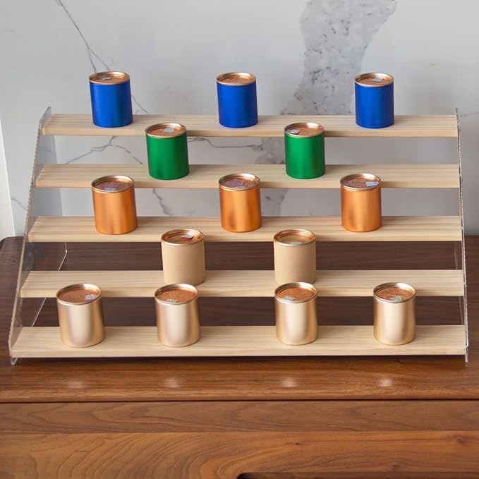 nianfeng Tiered Spice Rack, 5-Tier Spice Pantry Kitchen Cabinet Organizer, 19.9-Inch, Natural Wood Acrylic Stair Riser Stand, Countertop Seasoning Shelf