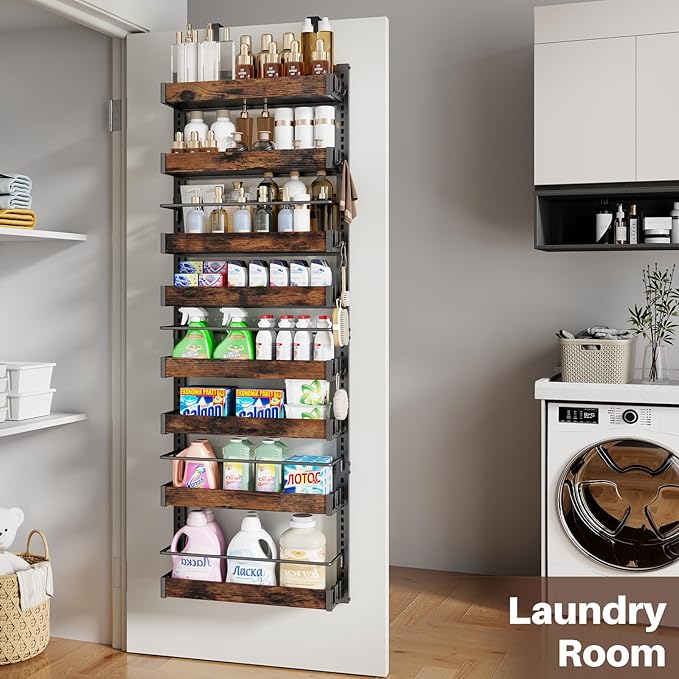 8 Tier Over The Door Pantry Organizer, 2 IN 1 Wall Mount or Metal Hanging Spice Rack for Pantry Organizers and Storage, Seasoning Shelves,Adjustable Basket with Hooks for Kitchen, Bathroom,Laundry