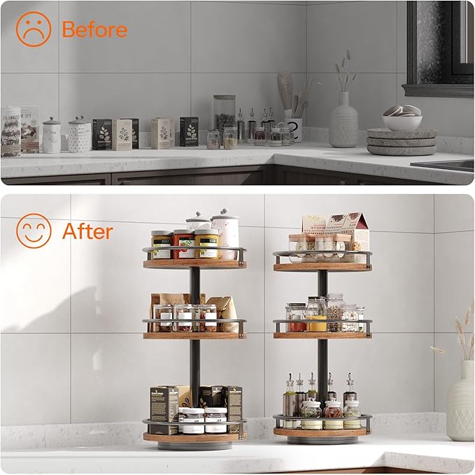 HOOBRO 3-Tier Lazy Susan Organizer, Rotating Spice Rack, Turntable Spice Rack, Vertical Storage Organizer, for Kitchen Countertop, Vanity, Dining Table, Rustic Brown and Black BF09TL01