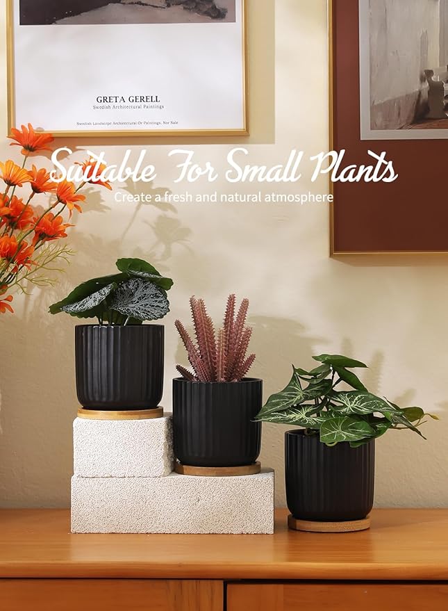 TAMAYKIM 4 Inch Small Cylinder Ceramic Plant Pots with Drainage Holes, Modern Indoor Planters with Tray for Aloe, Succulent, Snake Plants, Cactus & Herbs, Black, Set of 4