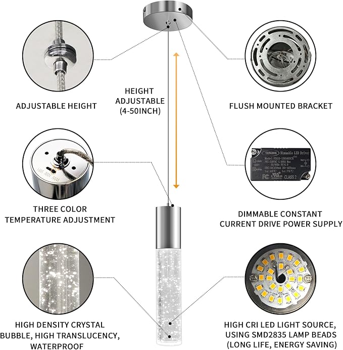 OKELI Modern Pendant Light,3 Color LED Bubble Crystal Island Light Fixtures,Chrome Mini Pendant Lighting for Kitchen Island,Bar,6W,3000-6000K,ETL