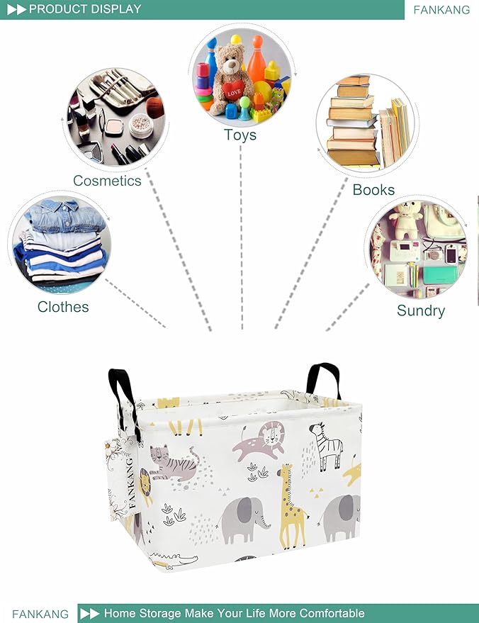 FANKANG Storage Bins, Nursery Hamper Canvas Laundry Basket Foldable with Waterproof PE Coating Large Storage Baskets for Kids Boys and Girls, Office, Bedroom, Clothes,Toys(Rec-Lovely Animals )