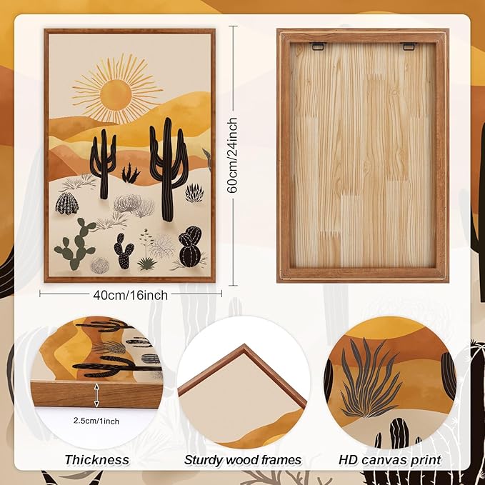 KAIRNE Cactus Canvas Wall Art,Desert Landscape Paintings,Aesthetic Abstract Prints Set of 3(16”X24”),Minimalist Farmhouse Wall Decor,Abstract Boho Artwork for Living Room Bedroom Office Decoration