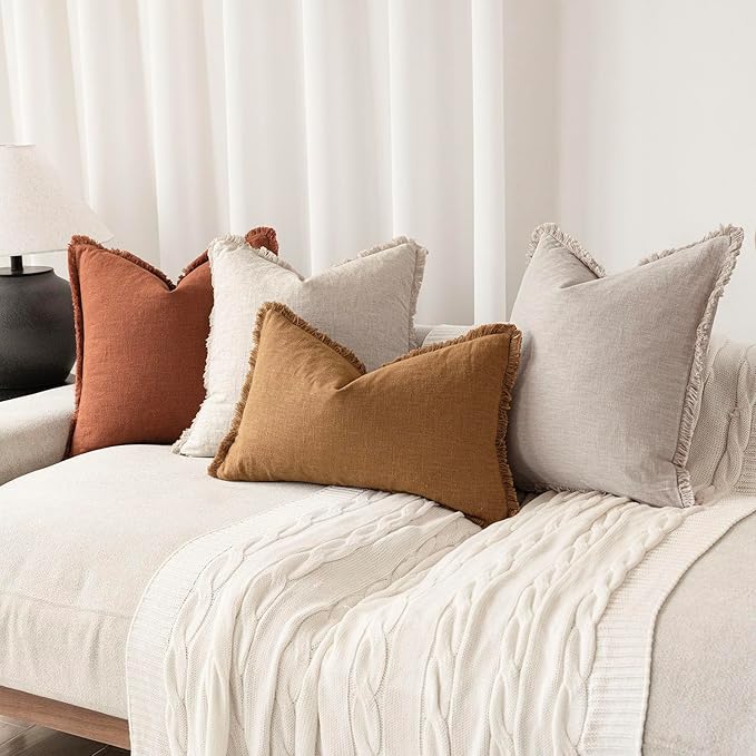 Foindtower Decorative Linen Fringe Throw Pillow Covers Boho Farmhouse Cushion Cover with Tassels Soft Accent Pillowcase for Chair Sofa Bed Living Room Home Decor, 22×22 Inch, 1PC,Fall Rust Orange