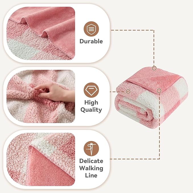 LURKA Checkered Sherpa Fleece Twin-Size Bed Blanket - Extra Thick and Warm Winter Soft Fuzzy Plush Blanket for Couches, Beds & Pets, Powder Pink, 60x80 Inches
