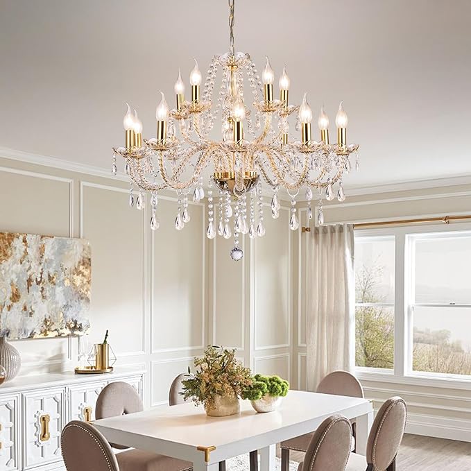 Modern Elegant 15 Lights K9 Crystal Glass Chandelier Golden Pendant Ceiling Lighting European Style for Dining Living Room Bedroom Transparent,15 E12 Bulbs Required