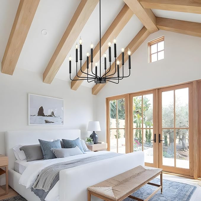 Modern Black Farmhouse Chandeliers, 12-Light Industrial Metal Chandelier Lighting, Classic Candle Hanging Pendant Light Fixtures for Living Room, Dining Room, Kitchen, Bedroom, Entryway