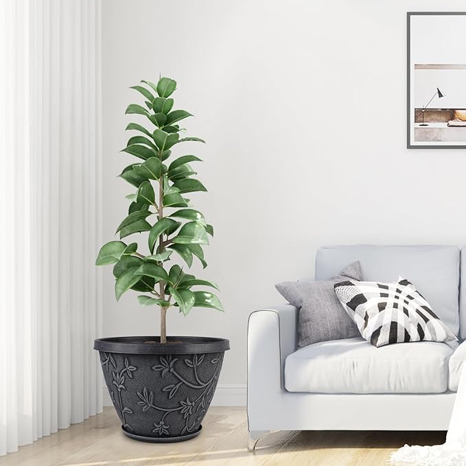 4 Pack 10 Inch Plant Pot for Outdoor Indoor, Plastic Flower Pots with Drainage Hole & Saucer, Lightweight Small Resin Flower Pot, Imitation Magnolia Planter Pots for Garden House(Gray)