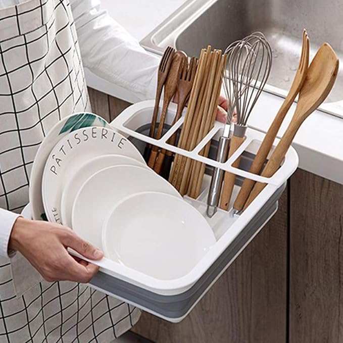 THANSTAR Collapsible Dish Drying Rack Portable Dinnerware Drainer Organizer for Kitchen RV Campers Travel Trailer Space Saving Kitchen Storage Tray