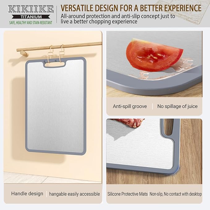 Titanium Cutting Board Double-sided non-slip silicone edging Pure Titanium Cutting Boards for Kitchen - Double-Sided Food-Grade Chopping Board Non-Stick Durable and easy to clean (Small)