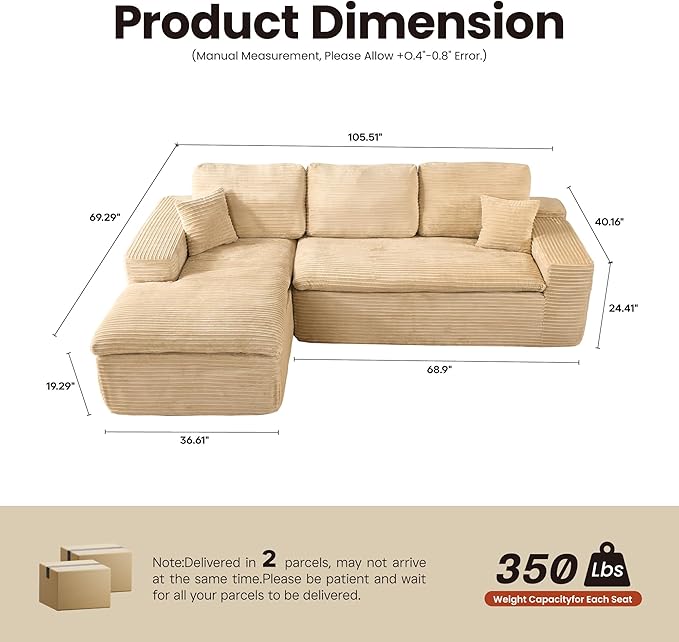 ovios 105” Modular Sectional Sofa with Thicken Seat Cushion, Cloud Couch with Deep Seat, Modern L-Shape Sofas Couches with Chaise,Upholstered Couches for Living Room Bedroom,Camel