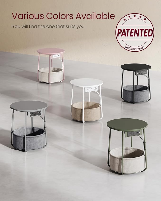 VASAGLE Side Table with Charging Station, Round End Table with Fabric Basket, Nightstand with Power Outlets, USB Ports, for Living Room, Bedroom, Modern, Matte White and Camel Brown ULET228W01