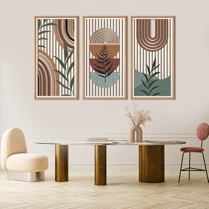 IARTTOP Large Boho Wall Art Set Of 3 Framed Mid Century Modern Wall Decor Abstract Geometric Wood Wall Art For Bedroom Living Room Office 16"x 32"